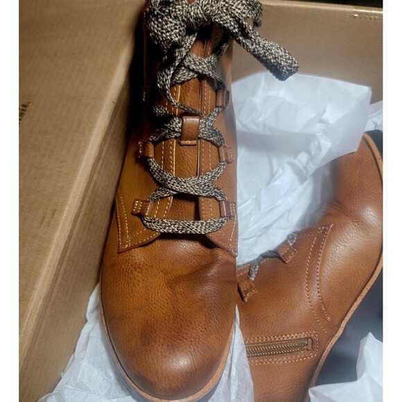 Women Ankle Boots Wedge Tan Leather look Brown Lace-up Life Stride Velocity sz 9 - Picture 6 of 11